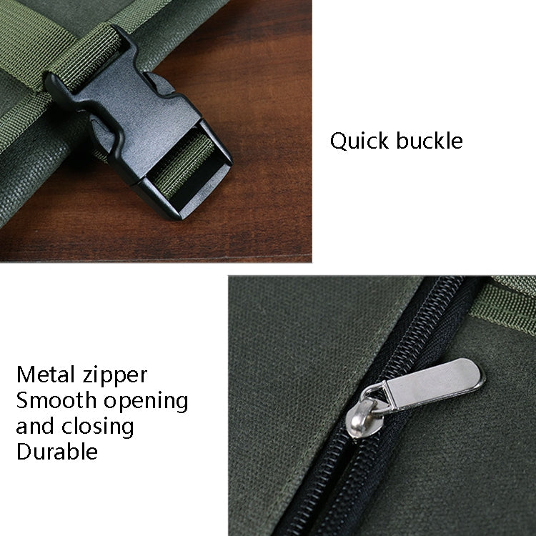 Olive green knife roll bag details: metal zipper and quick buckle straps