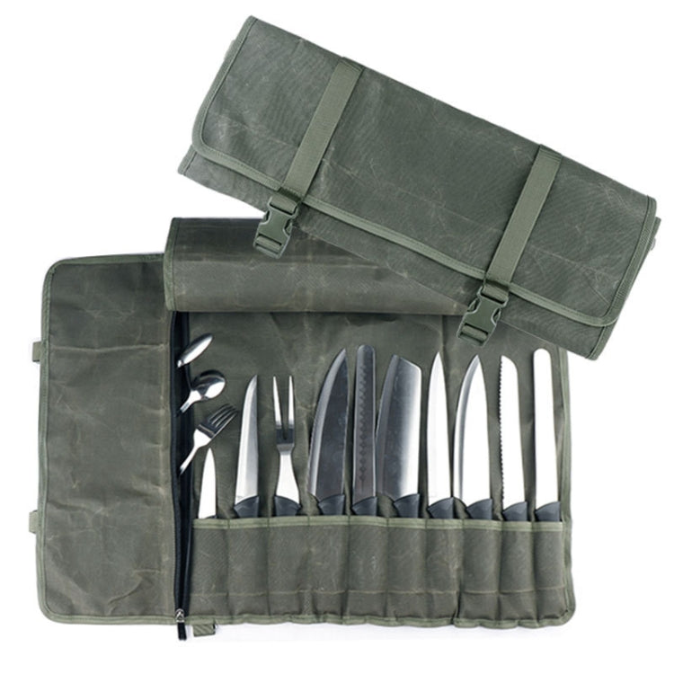 Olive green knife storage roll bag with knife slots and rolled flap closure