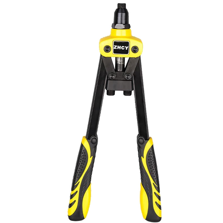 Manual pull rivet pliers with yellow head, black jaws, and ergonomic black-and-yellow handles