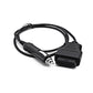 OBD female connector with cigarette lighter-style plug and black cable, angled view