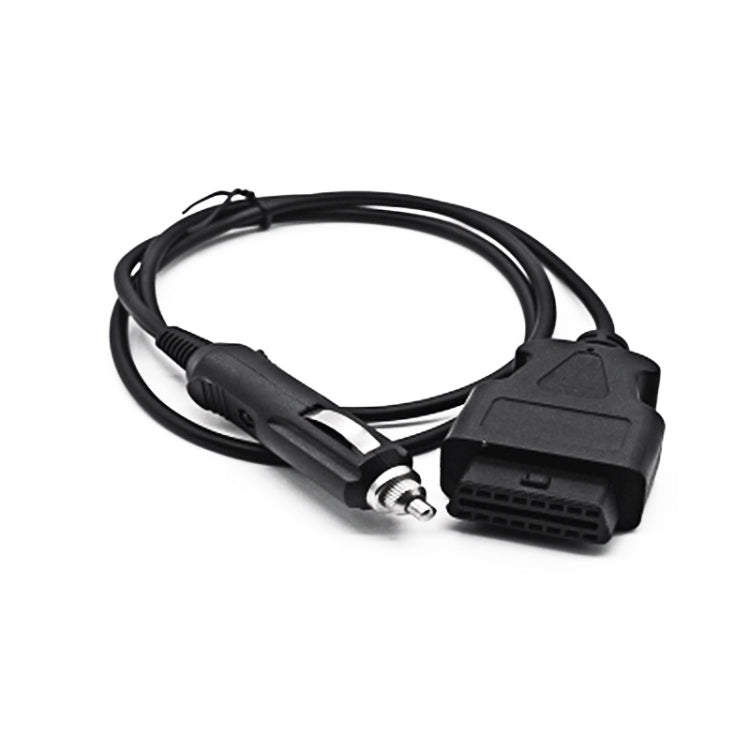 OBD female connector with cigarette lighter-style plug and black cable, angled view