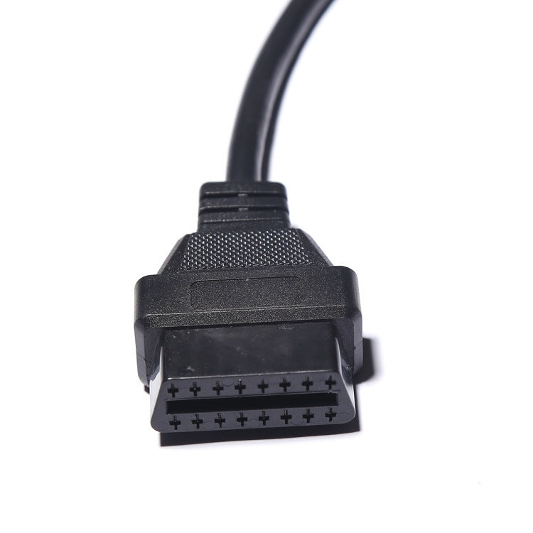 OBD female 16-pin connector end with latch tab, black cable adapter