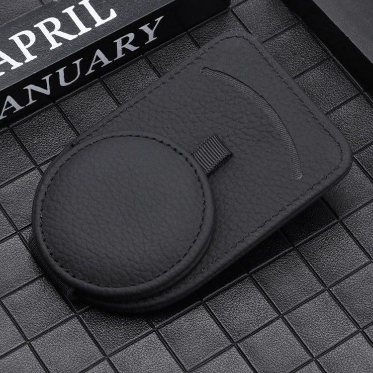 Black PU glasses clip with round holder and small top attachment tab
