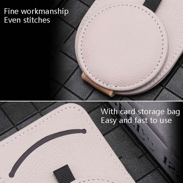 Light beige PU glasses clip with stitched round holder and card storage pouch
