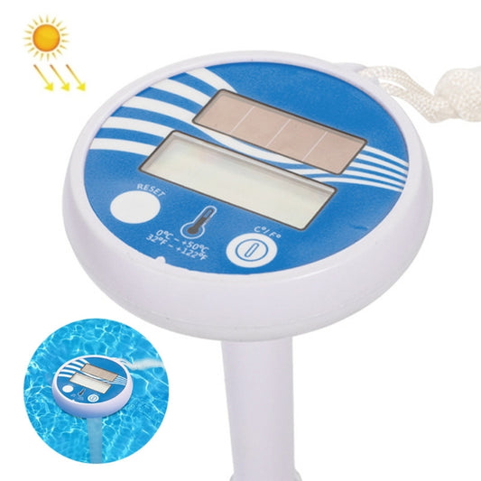 Solar pool thermometer with floating disc, blue face and LCD temperature display