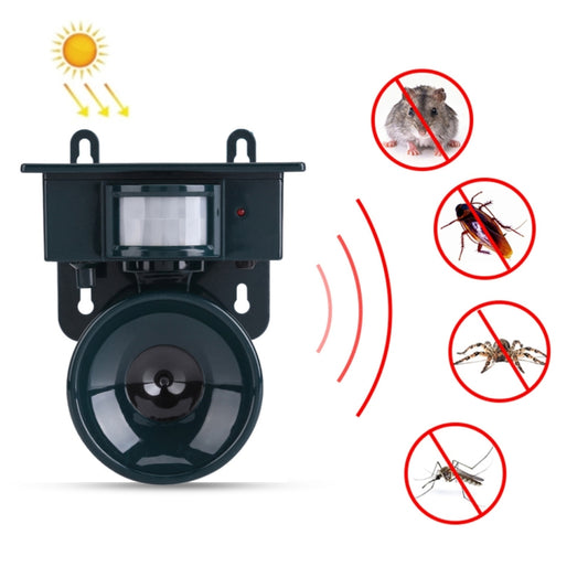 Solar ultrasonic animal repeller with solar panel, front sensor window, and circular speaker horn