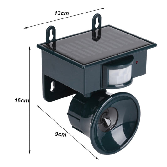 Solar ultrasonic animal repeller with side speaker horn and front sensor, shown with size diagram