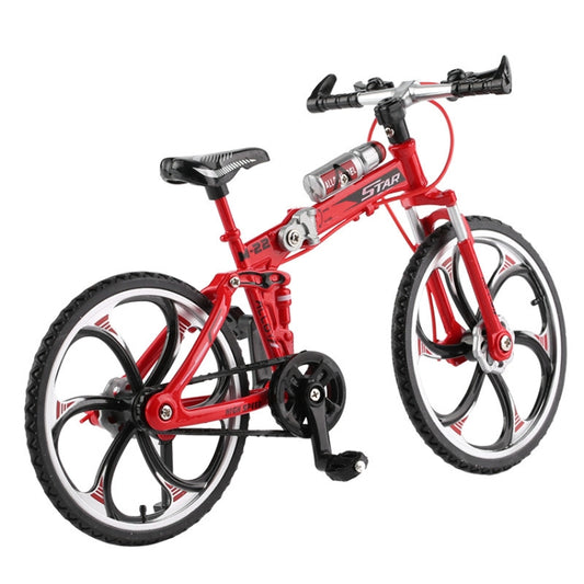 Red mini alloy bicycle toy model with black wheels and front fork, side view.