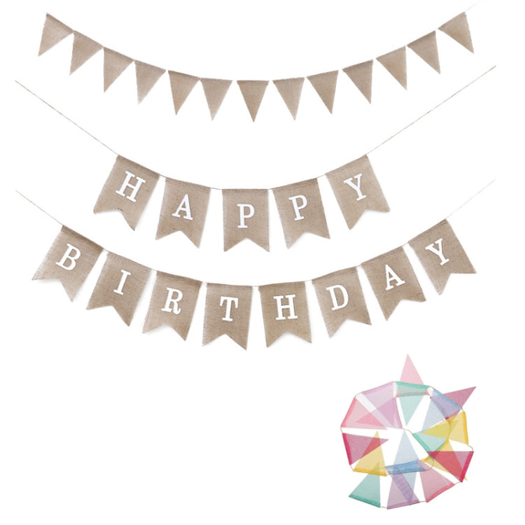 Burlap triangle birthday flags with “Happy Birthday” printed in white letters