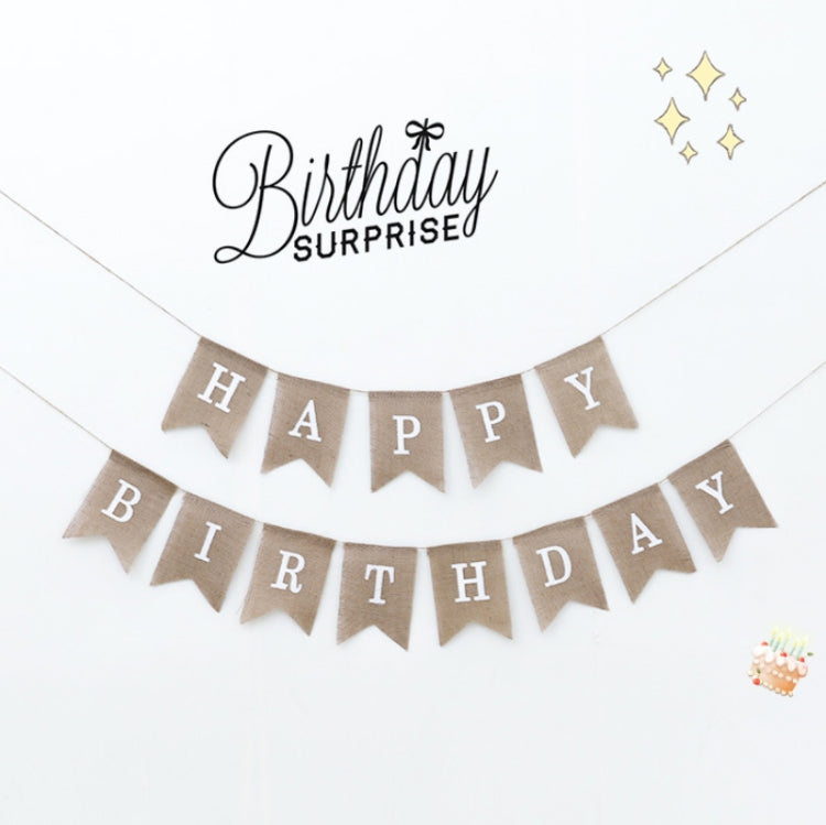 Burlap birthday bunting flags with “Happy Birthday” and “Birthday Surprise”