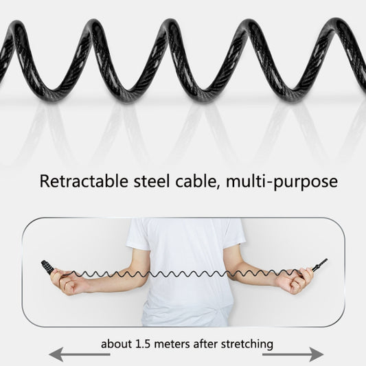 Retractable steel cable lock with coiled wire, shown stretched to display length