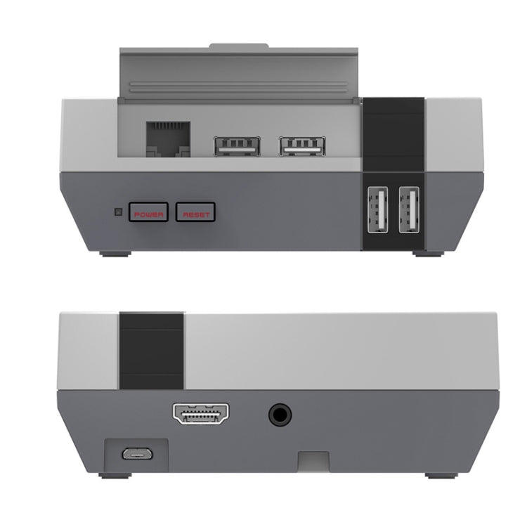 Retro game-style Raspberry Pi case with open top, showing USB ports and buttons