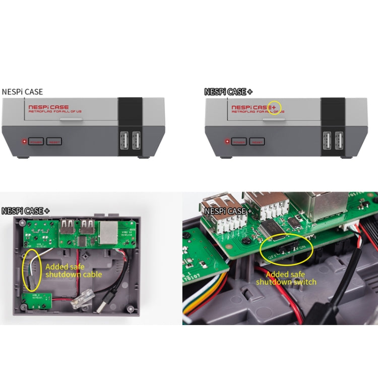 Raspberry Pi case collage showing safe shutdown switch and internal wiring