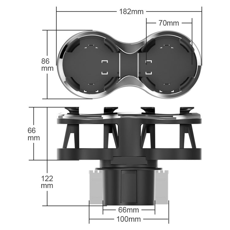 Car dual cup holder size diagram with two circular openings