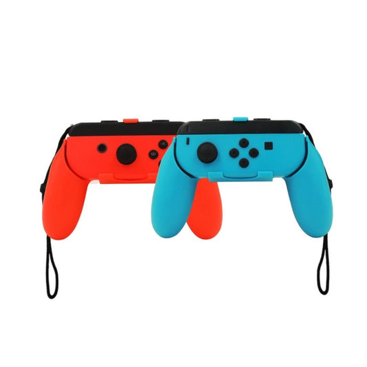 Red and blue controller grips attached to Nintendo Switch Joy-Con controllers