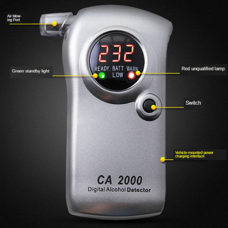 Digital alcohol detector front view with READY/BATT WARN and LOW indicator lights