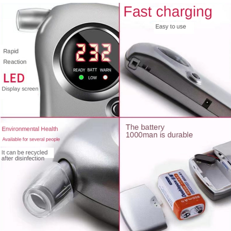 Digital alcohol detector showing LED screen and side charging port