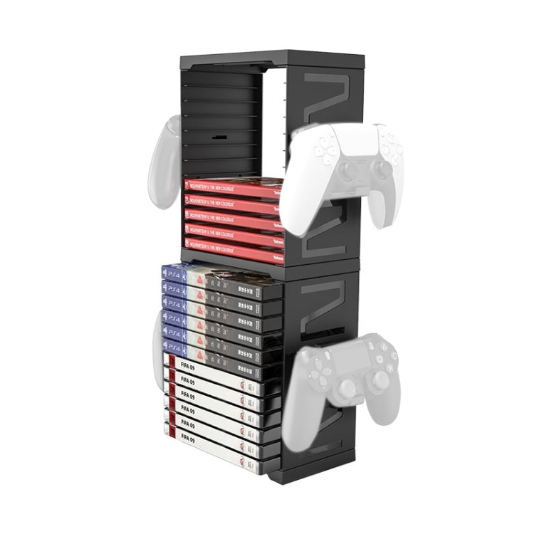 Black gamepad disc and card storage bracket with game controller holders and stacked cases