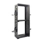 Black open storage bracket with two empty bays and side hooks for accessories