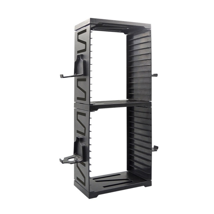 Black open storage bracket with two empty bays and side hooks for accessories