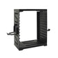 Black open game storage stand with bottom shelf and side arms