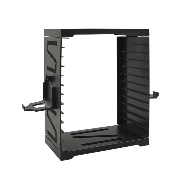 Black open game storage stand with bottom shelf and side arms