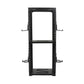 Black two-level storage bracket with perforated side racks and base tray