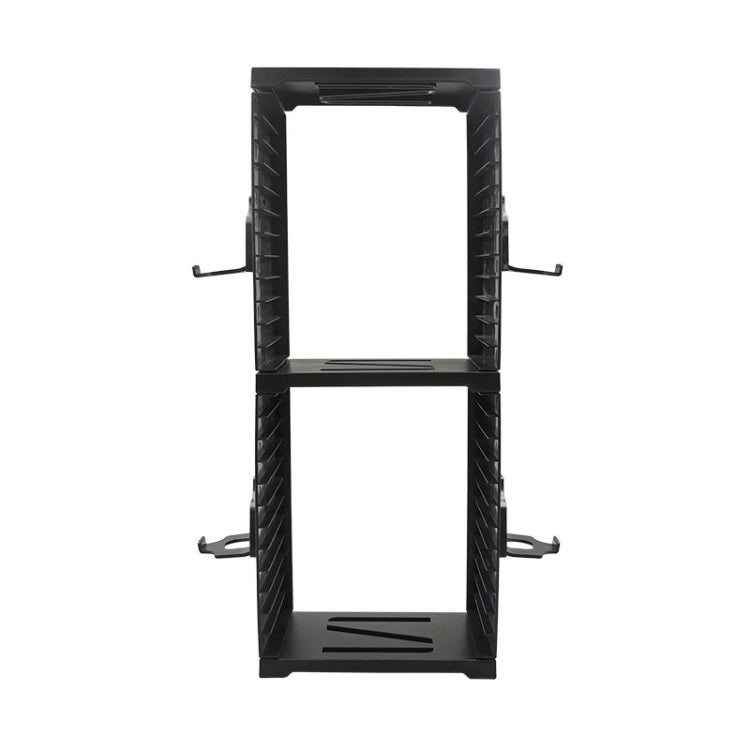 Black two-level storage bracket with perforated side racks and base tray