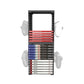 Black storage bracket holding stacked game discs and controller grips on both sides