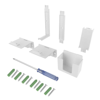 White wall hook kit with controller brackets, screws, and screwdriver