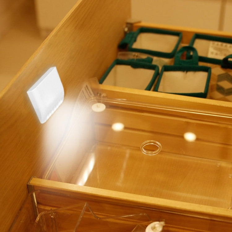 Hinged LED night light projecting white glow from a cabinet-mounted panel