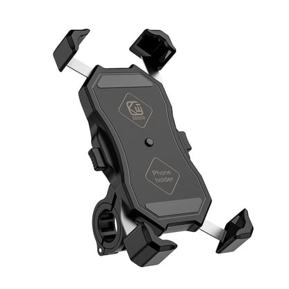 Black motorcycle phone holder bracket with adjustable arms and phone cradle