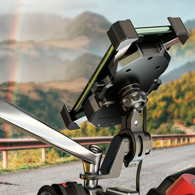 Phone holder mount attached to a handlebars-style bar with spring clamp and cradle