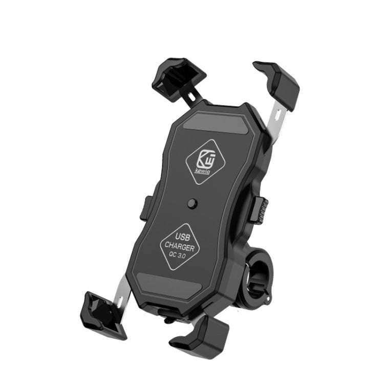 Motorcycle phone holder with fixed multi-claw grips and USB charging panel, dark gray