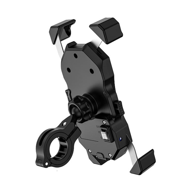 Motorcycle handlebar phone mount with adjustable clamp and USB charging controller, black