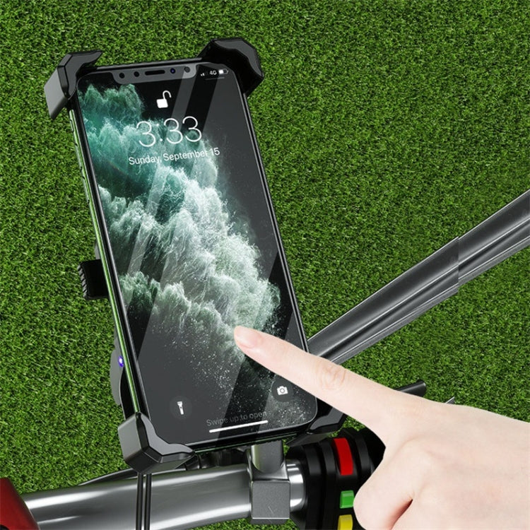 Motorcycle phone holder clamp securing a smartphone on a handlebar, black and gray