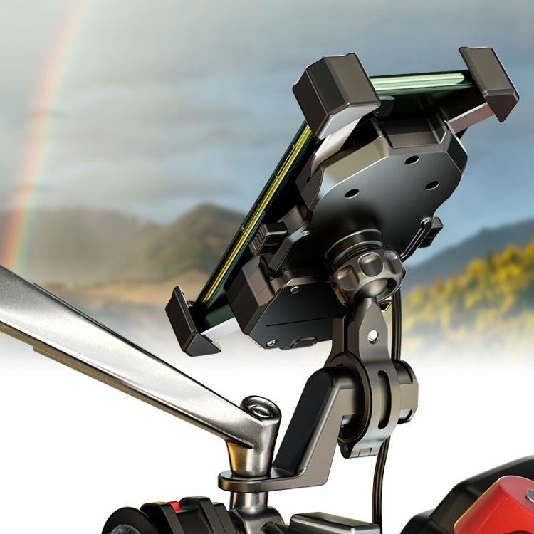 Motorcycle phone mount with USB charging module and adjustable arms, black and gray