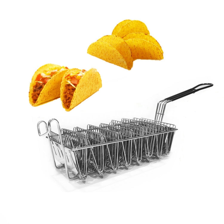 Stainless steel taco tortilla crust V-shaping tool with clip, holding basket