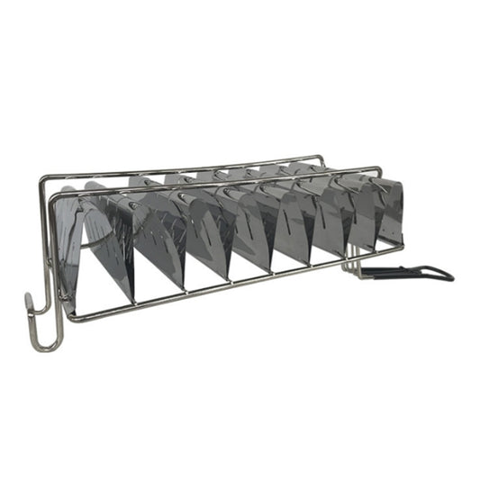 Stainless steel V-shaping rack with multiple taco-mold sections and handle