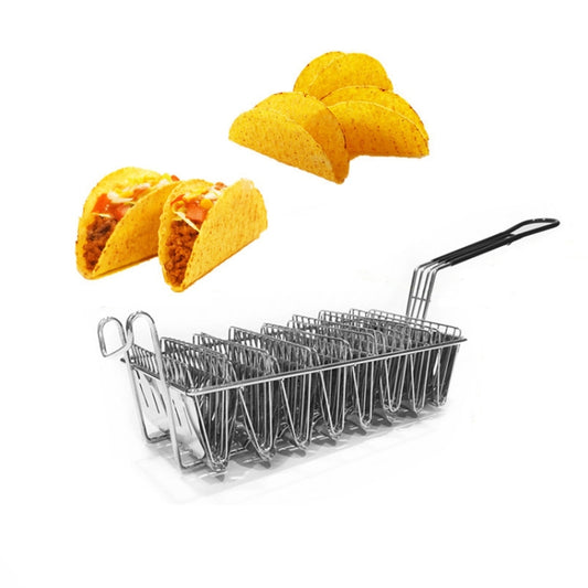 Stainless steel taco tortilla crust V-shaping tool with clip, holding basket