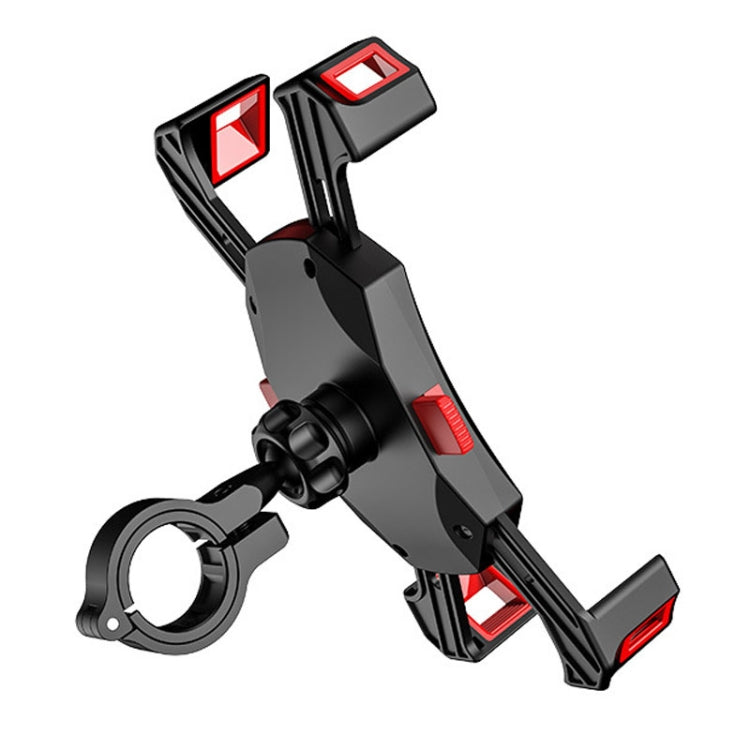 Four-claw mobile phone holder on motorcycle handlebar bracket, black with red accents