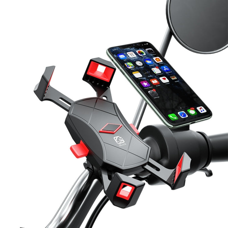 Motorcycle handlebar phone mount holding a smartphone, four-claw design in gray and red