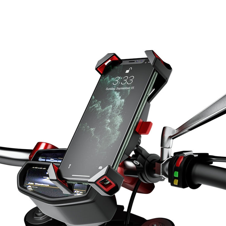 Bike or motorcycle phone holder clamp with four corners, gray mount and red pads