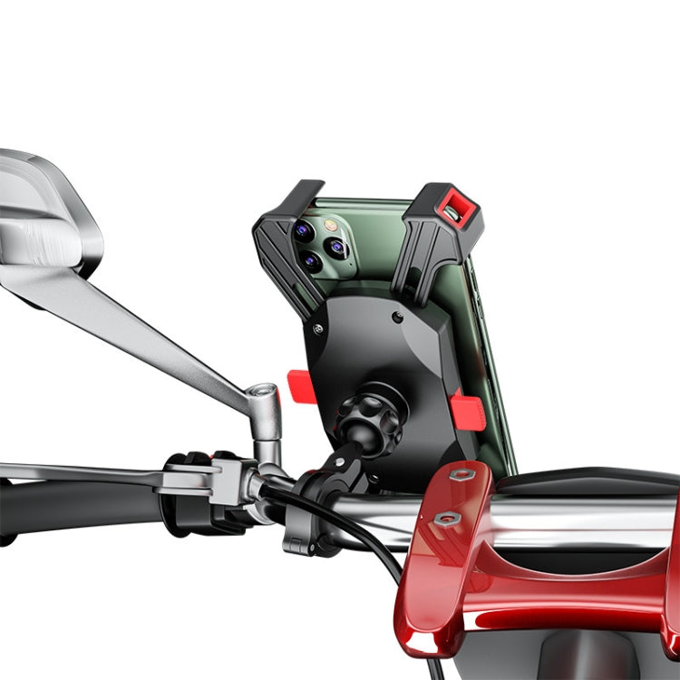 Phone mount bracket with four-claw grip on handlebar, dark gray frame and red pieces