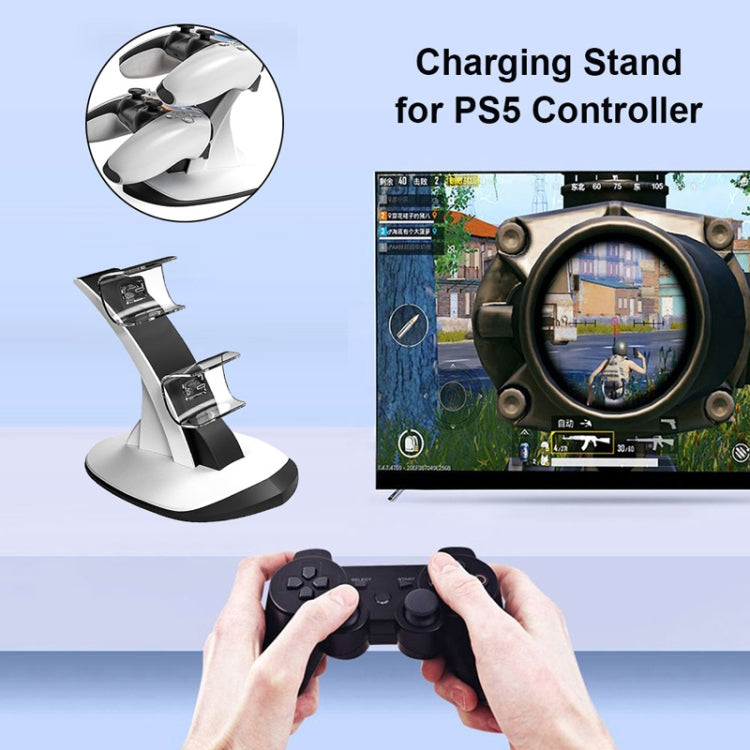 Dual PS5 charging stand with cradle slots and included controller charging adapters