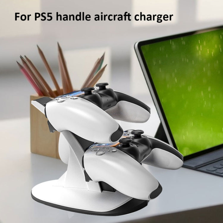 Aircraft controller charging stand base with black cradle supports for PS5 controllers