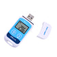 USB temperature data logger with RC-5 LCD, white/blue body, metal USB plug