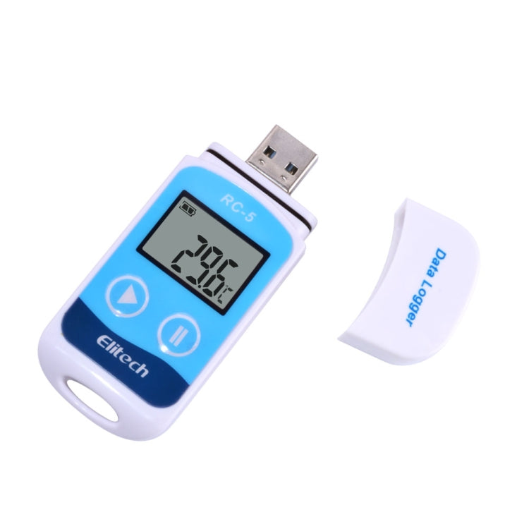 USB temperature data logger with RC-5 LCD, white/blue body, metal USB plug