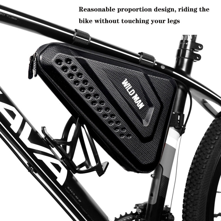 Black hard-shell bicycle triangle bag mounted on bike front frame beam with mesh panel