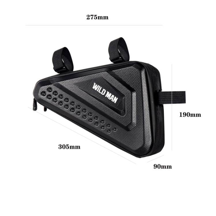 Black hard-shell bicycle triangle bag with front panel, top straps, and side zip